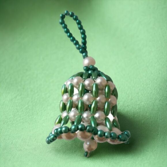 Beaded Bell Ornament Vintage Handmade Christmas Green Holiday Xmas Hand Crafted. - Picture 12 of 13